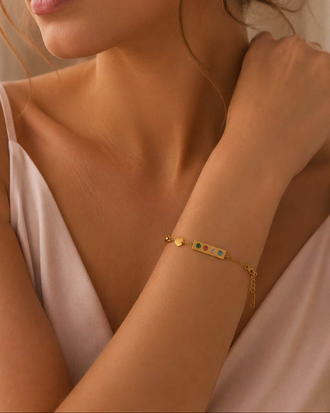Elegant Multi-Gemstone Bar & Heart Charm Bracelet
