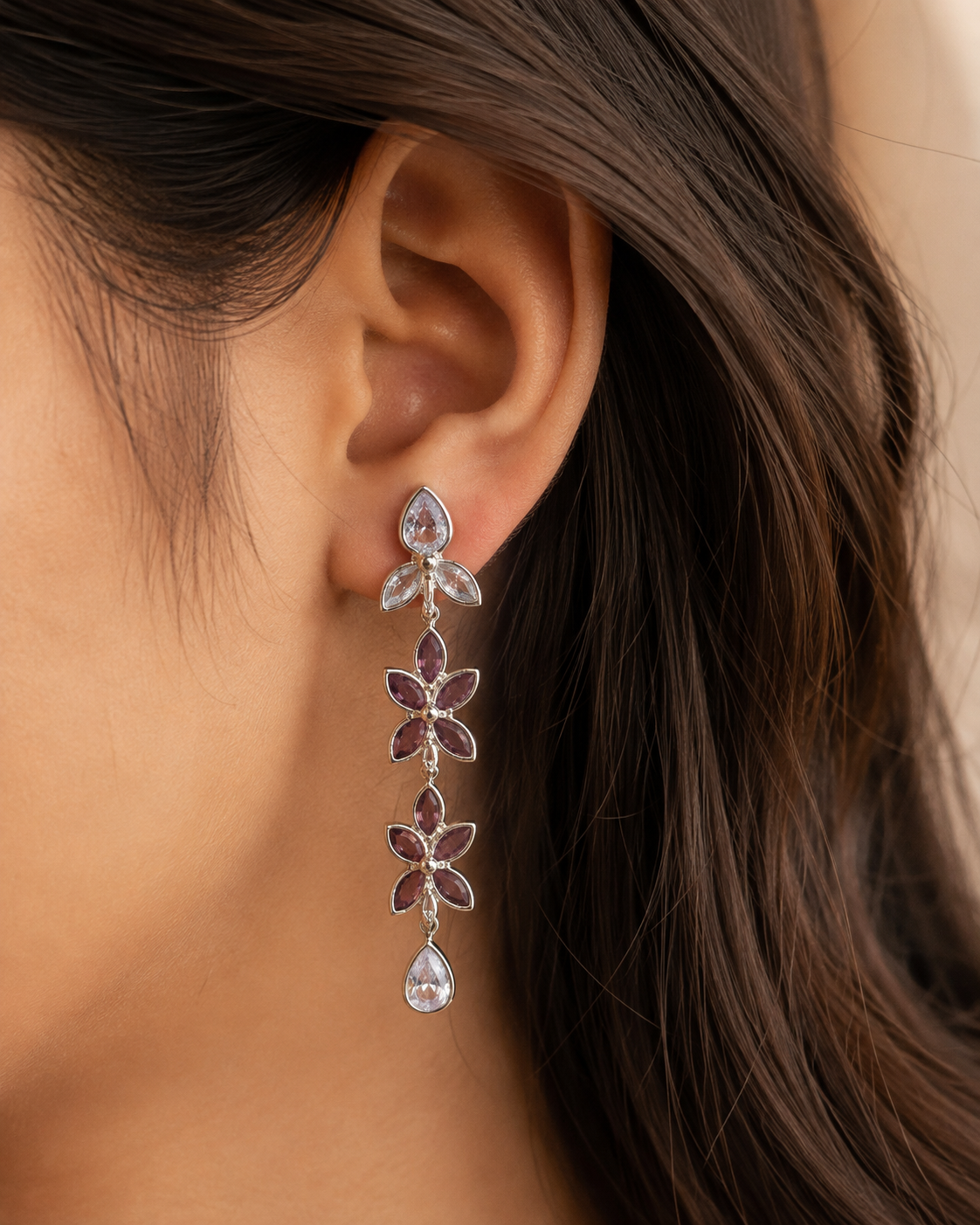 Floral Cascade Amethyst & Crystal Drop Earrings