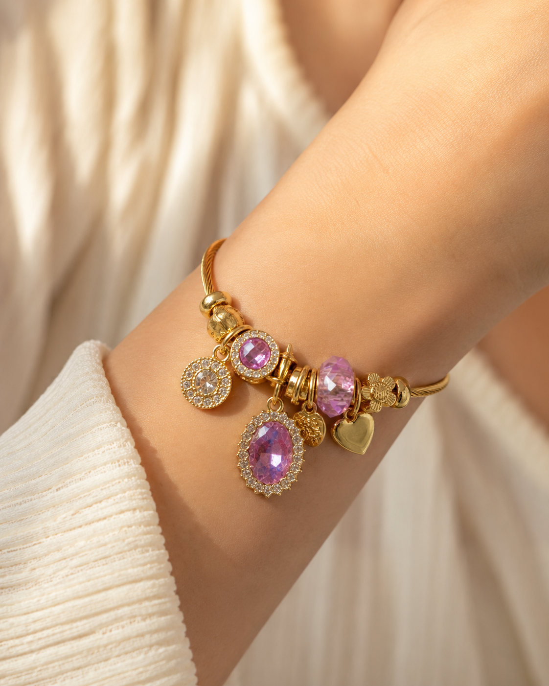 Radiant Pink Crystal & Heart Charm Bangle Bracelet