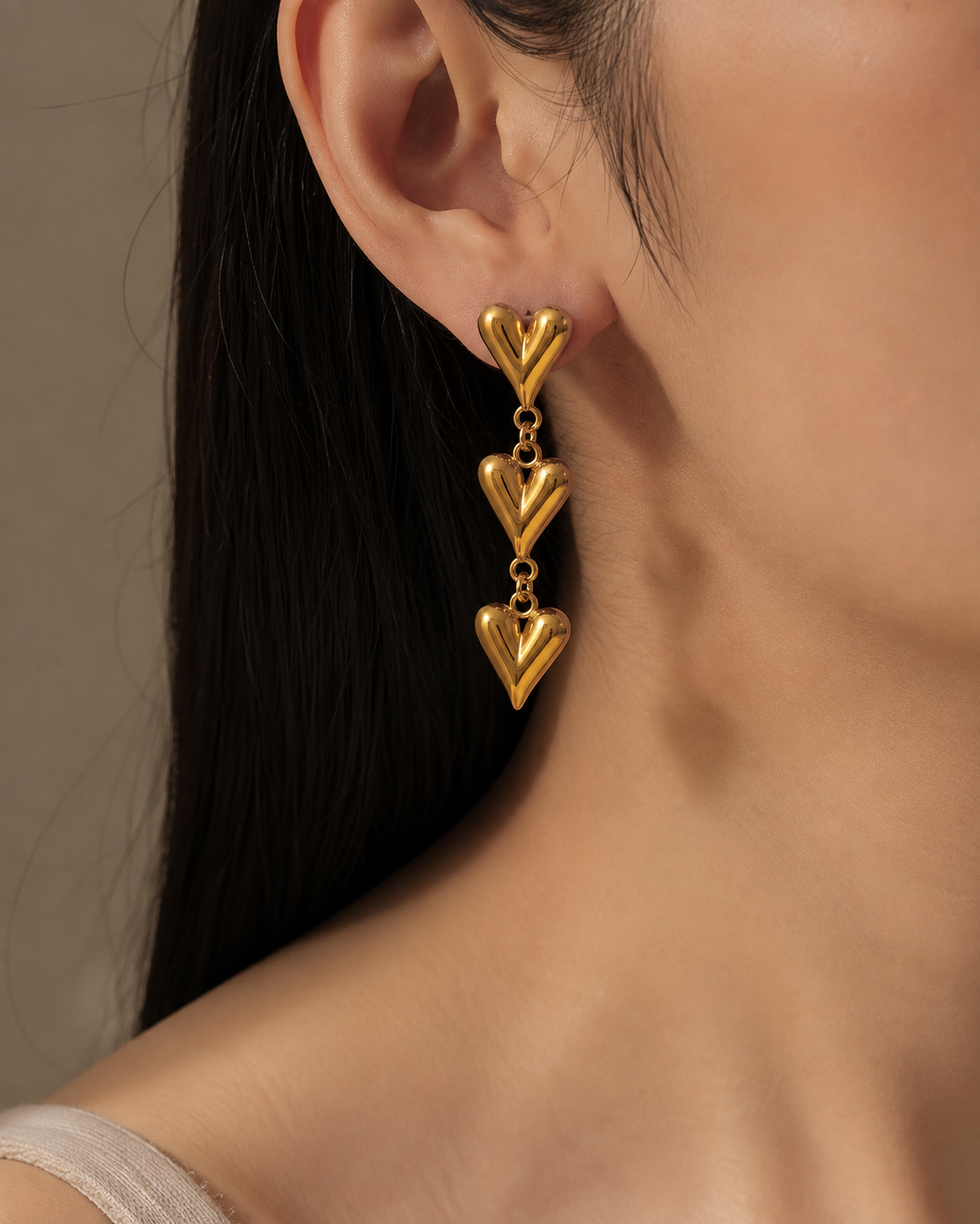 Triple Puffed Heart Drop Earrings