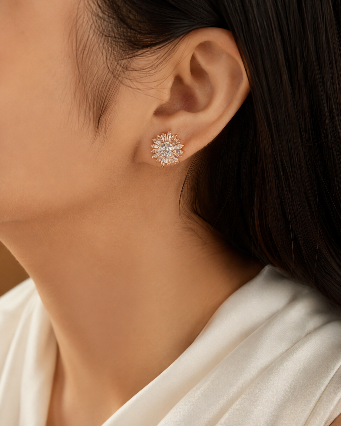 Radiant Sunburst CZ Stud Earrings – Rose Gold Finish