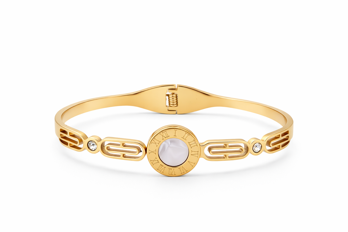 Gold Roman Dial Bracelet | Elegant Cuff Bangle