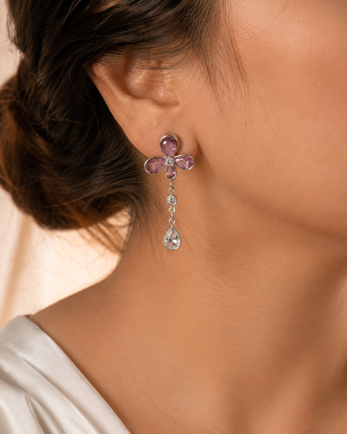 Pink Crystal Floral Drop Earrings