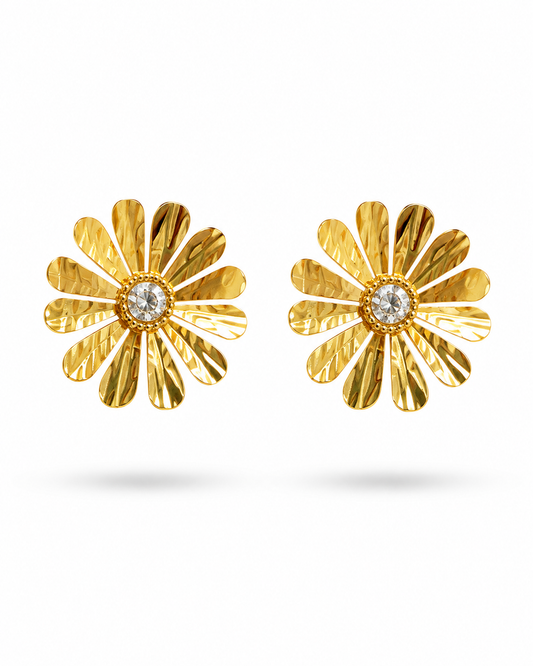 Golden Floral Sparkle Stud Earrings