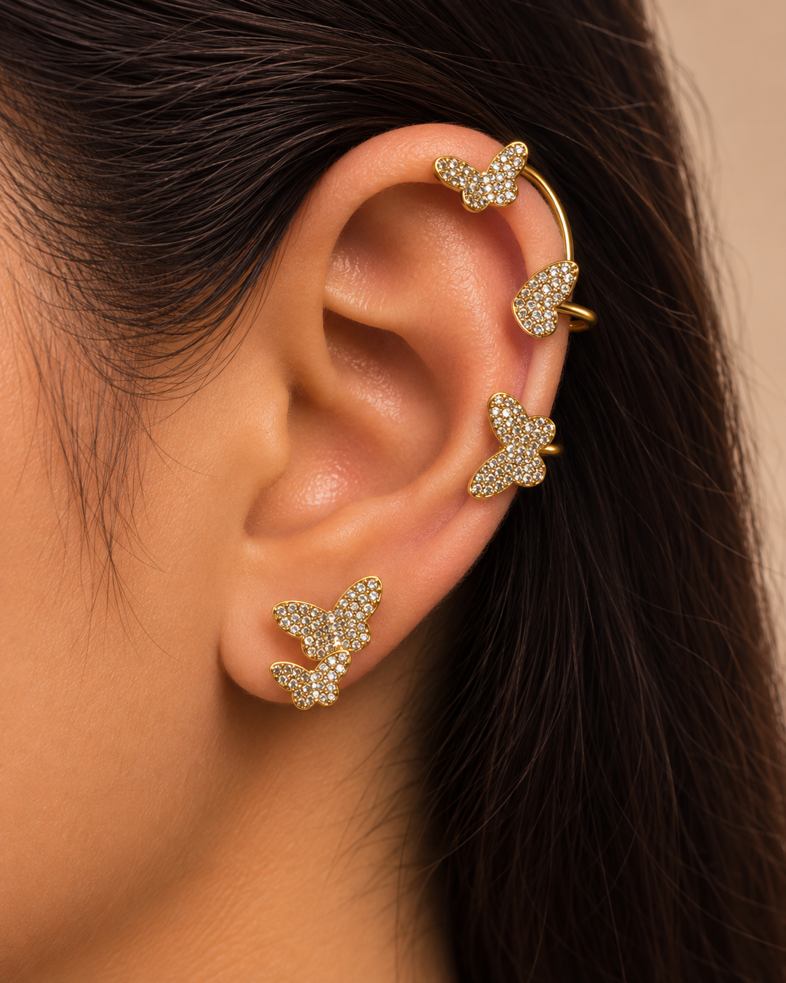 Golden Butterfly Pave Ear Cuff & Stud Set