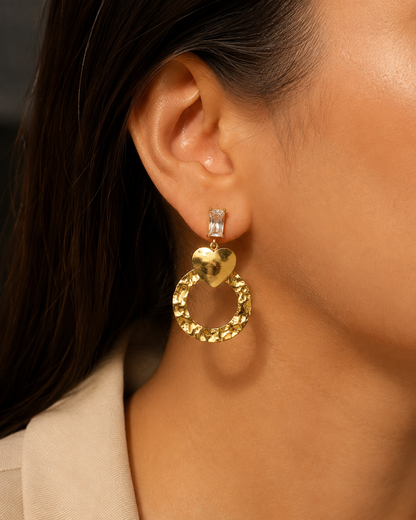 Vintage-Inspired Hammered Hoop & Heart Dangle Earrings