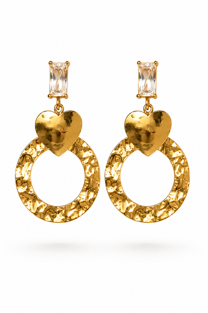Vintage-Inspired Hammered Hoop & Heart Dangle Earrings