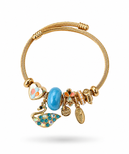Gold Charm Bangle Bracelet – Turquoise & Swan Edition