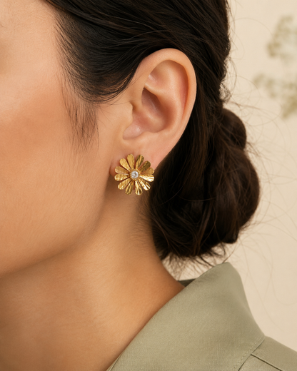 Golden Floral Sparkle Stud Earrings