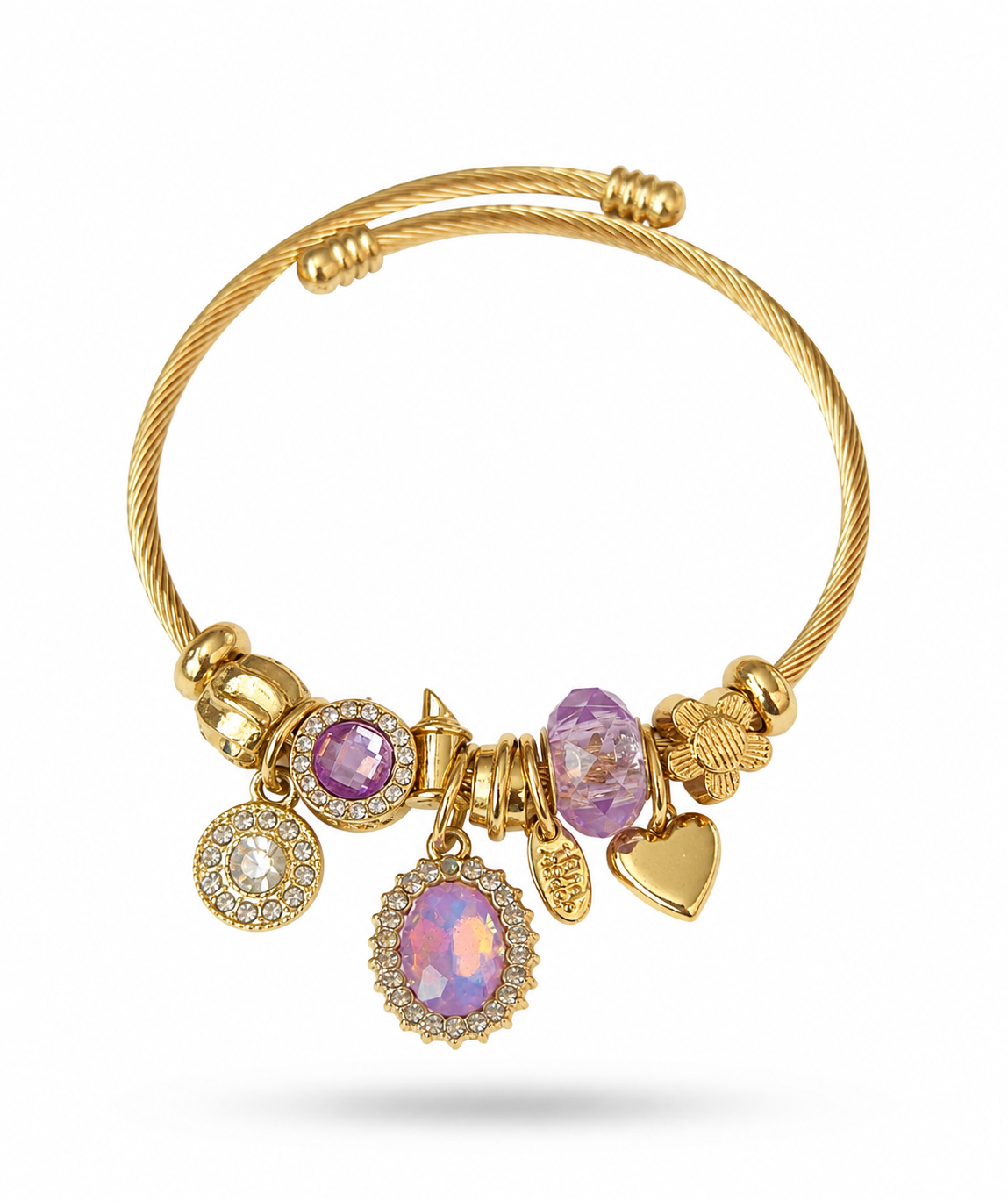 Radiant Pink Crystal & Heart Charm Bangle Bracelet