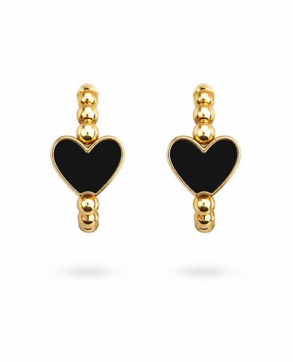 Black Enamel Heart Beaded Huggie Hoop Earrings
