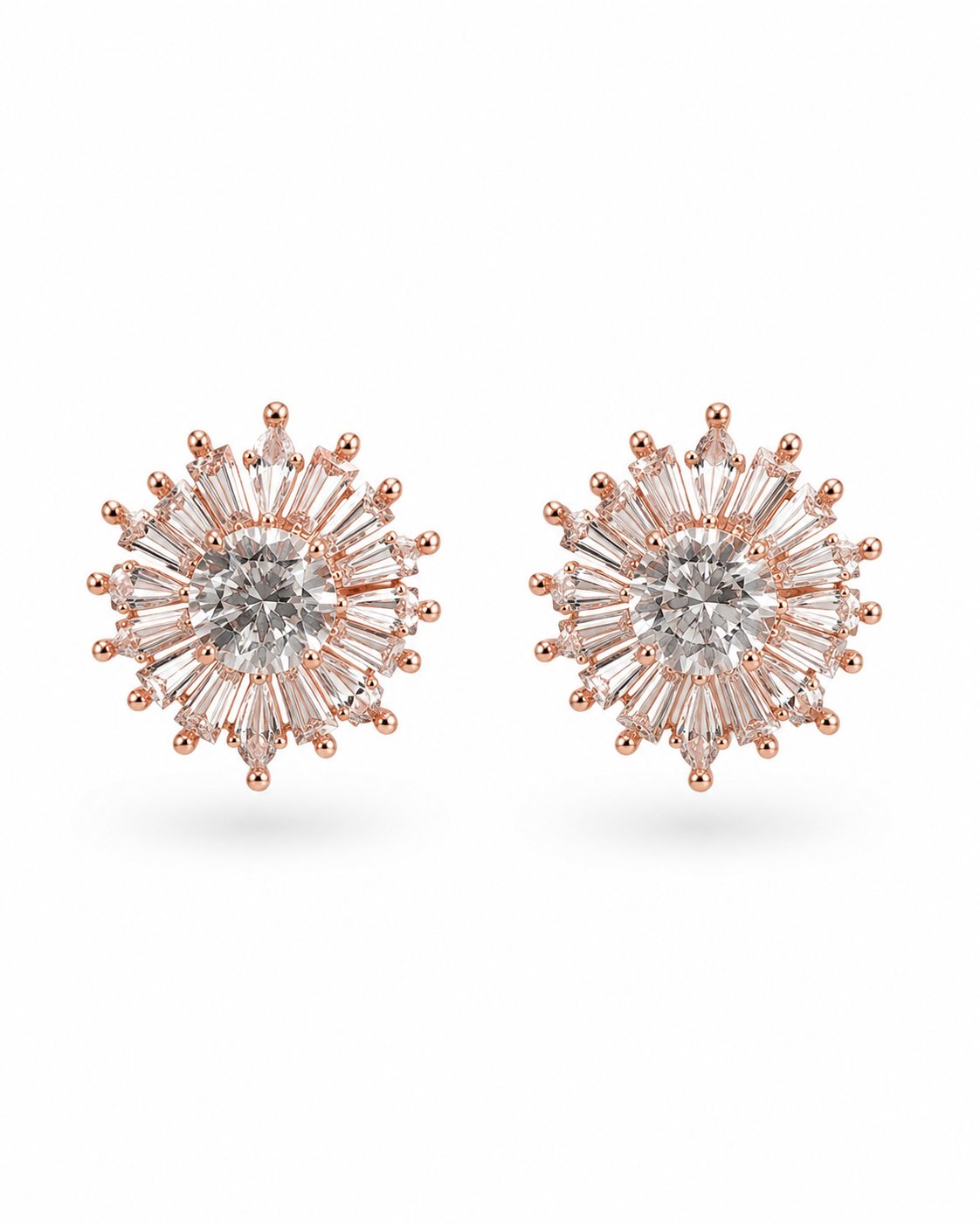 Radiant Sunburst CZ Stud Earrings – Rose Gold Finish