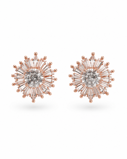 Radiant Sunburst CZ Stud Earrings – Rose Gold Finish