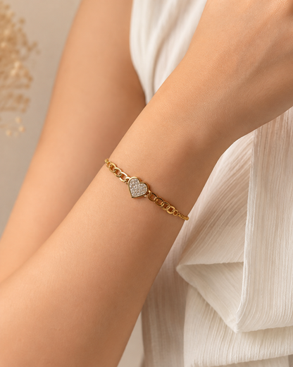 Sparkling Heart Link Chain Bracelet – Gold Finish