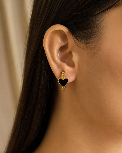 Black Enamel Heart Beaded Huggie Hoop Earrings