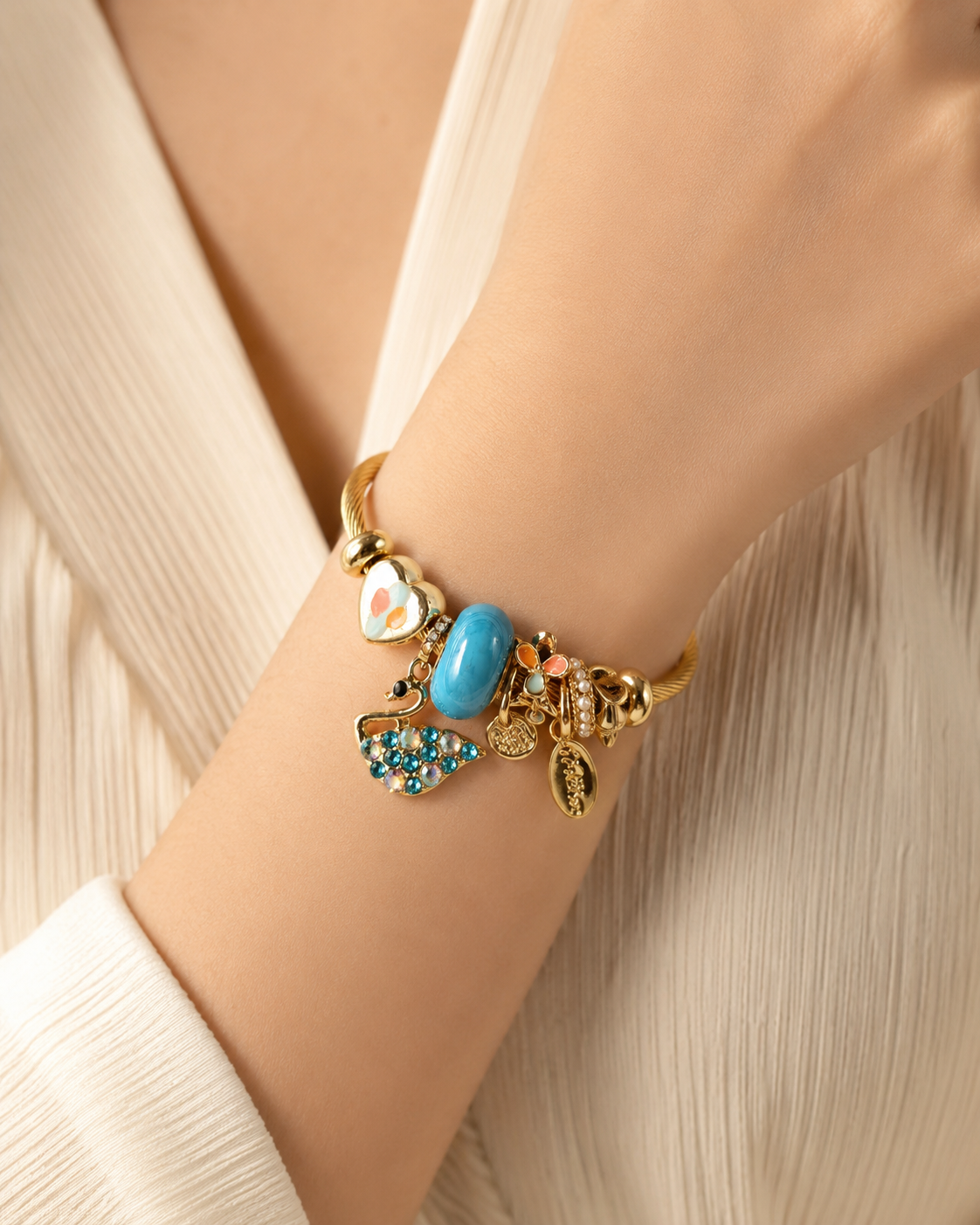 Gold Charm Bangle Bracelet – Turquoise & Swan Edition