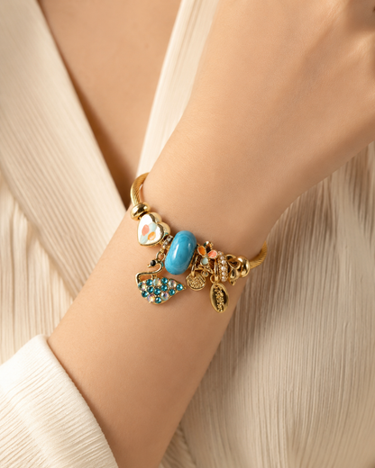 Gold Charm Bangle Bracelet – Turquoise & Swan Edition