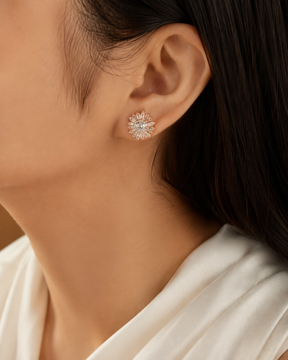 Radiant Sunburst CZ Stud Earrings – Rose Gold Finish
